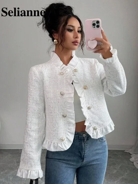 Selianne Women's Button & Sequence Ruffle Trim Jacket - Picture 2 of 5